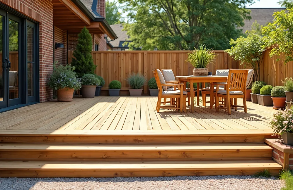 Holzterrasse mit Gartenmöbeln und Pflanzen