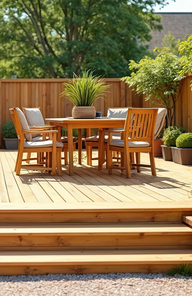 Neue Holzterrasse mit Gartenmöbeln